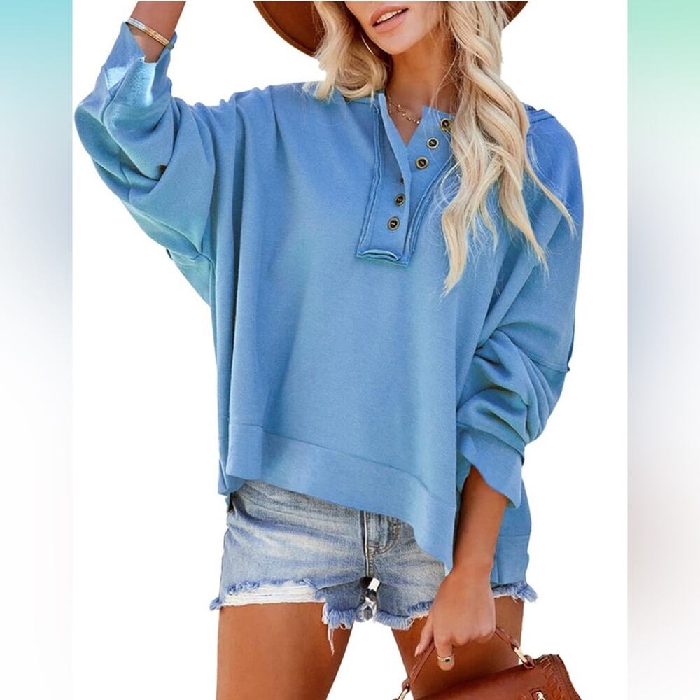HOTAPEI Women's Casual V Neck Button Up Long Sleeve Hoodie Cropped Blue Large